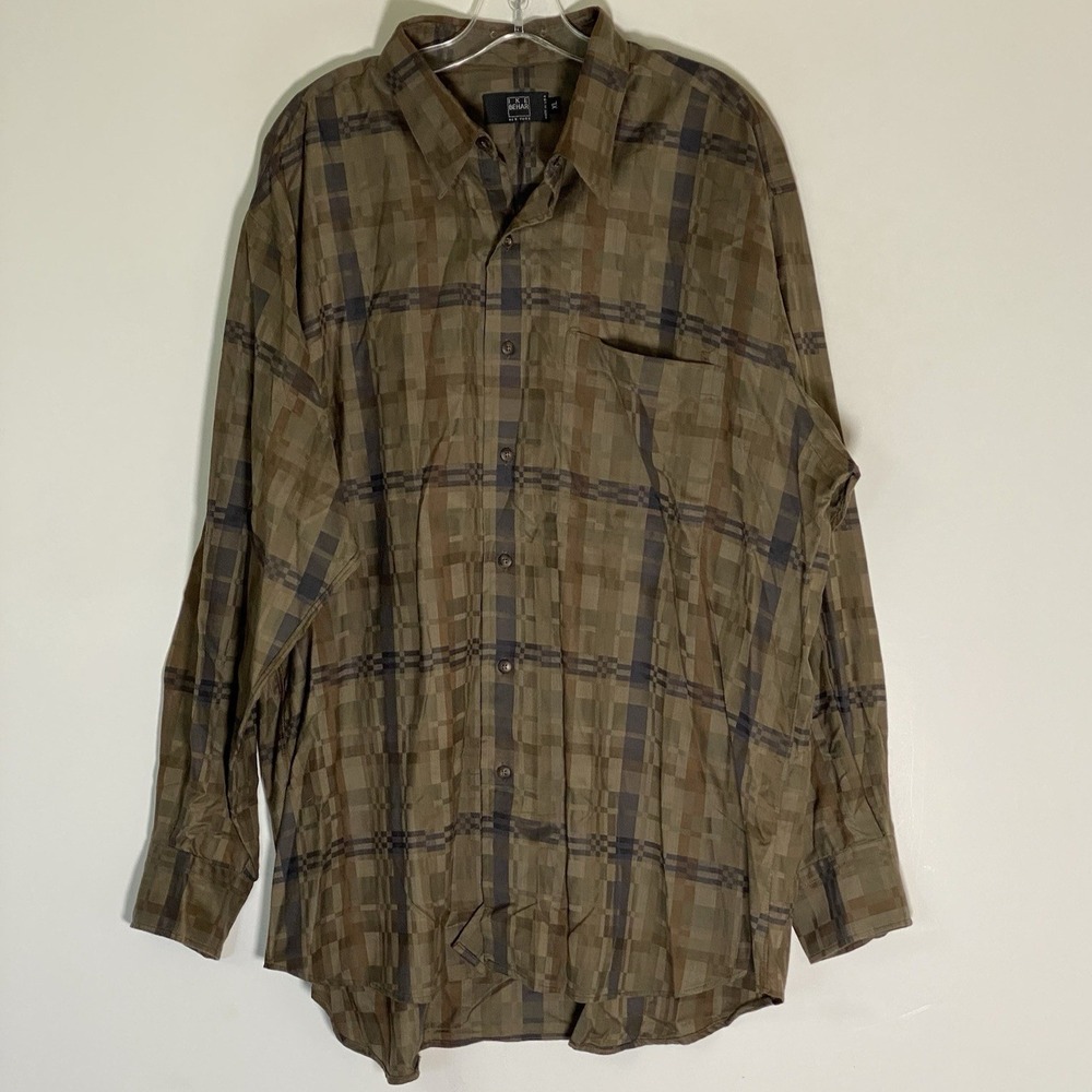 Ike Behar Shirt Mens XL Tan Plaid Camo Long Sleeve Cotton Dress Casual Business